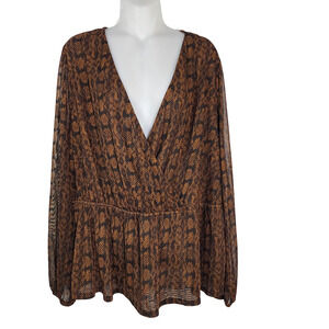 Intempo Blouse Women Size 2X Snake Print Peplum Faux Wrap Semi Sheer Long Sleeve